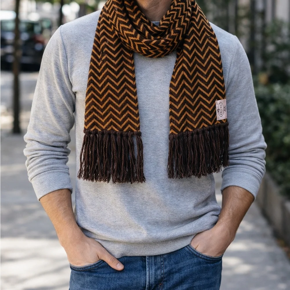 1990s TOCCA Cashmere Knit Scarf Brown‎ / Gold Chevron Fringe Trim Unisex